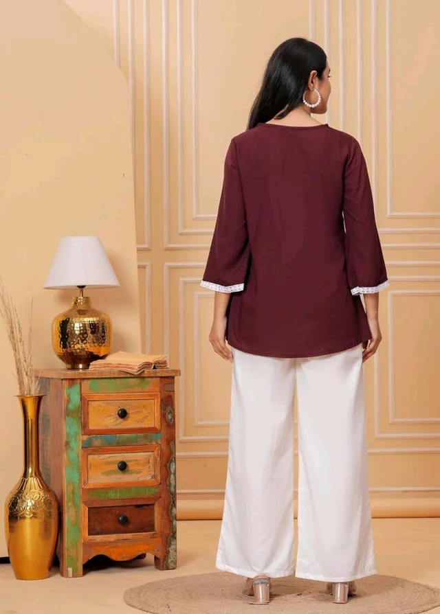 Women & Girls Ethnic Embroidered Regular Fit V-Neck 3/4 Sleeves, Lace Accents, Stylish Top for Office, Party, Daily, Casual, Formal Wear Top
- L, Coffee Brown