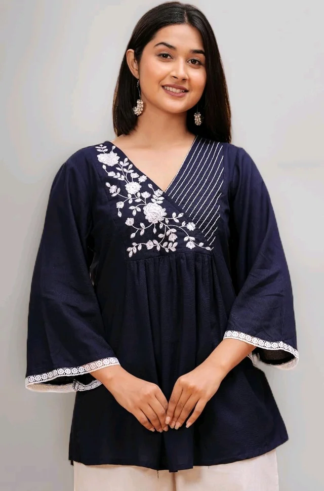 Women & Girls Ethnic Embroidered Regular Fit V-Neck 3/4 Sleeves, Lace Accents, Stylish Top for Office, Party, Daily, Casual, Formal Wear Top
- M, Nave Blue