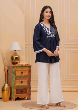 Women & Girls Ethnic Embroidered Regular Fit V-Neck 3/4 Sleeves, Lace Accents, Stylish Top for Office, Party, Daily, Casual, Formal Wear Top
- M, Nave Blue