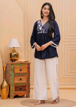 Women & Girls Ethnic Embroidered Regular Fit V-Neck 3/4 Sleeves, Lace Accents, Stylish Top for Office, Party, Daily, Casual, Formal Wear Top
- M, Nave Blue