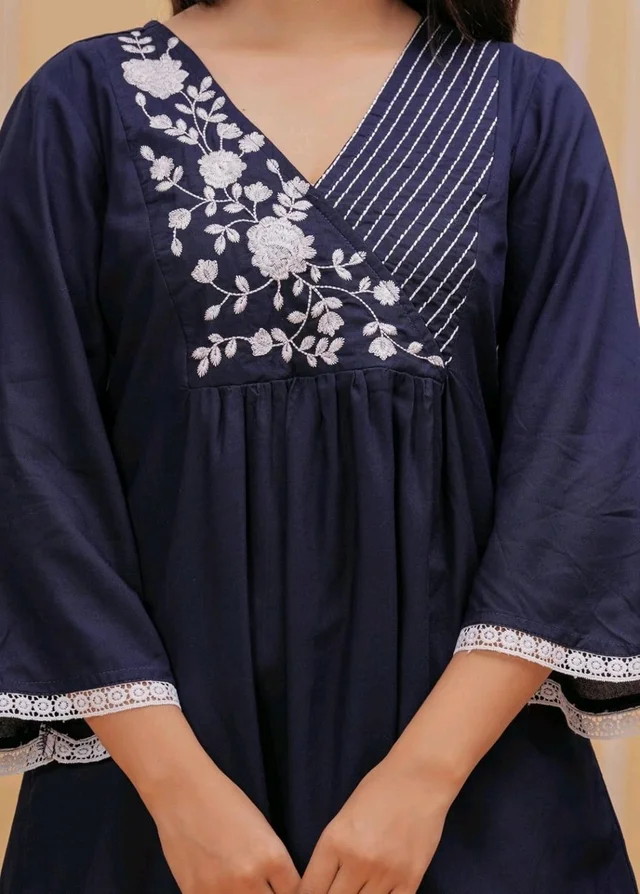 Women & Girls Ethnic Embroidered Regular Fit V-Neck 3/4 Sleeves, Lace Accents, Stylish Top for Office, Party, Daily, Casual, Formal Wear Top
- S, Nave Blue