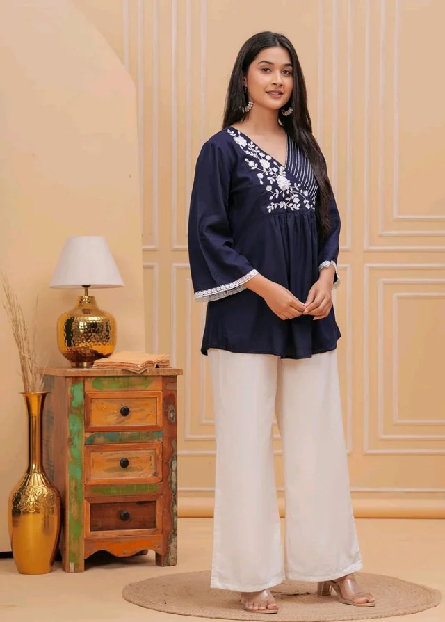 Women & Girls Ethnic Embroidered Regular Fit V-Neck 3/4 Sleeves, Lace Accents, Stylish Top for Office, Party, Daily, Casual, Formal Wear Top
- S, Nave Blue