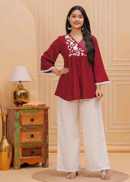 Women & Girls Ethnic Embroidered Regular Fit V-Neck 3/4 Sleeves, Lace Accents, Stylish Top for Office, Party, Daily, Casual, Formal Wear Top
- XL, Maroon
