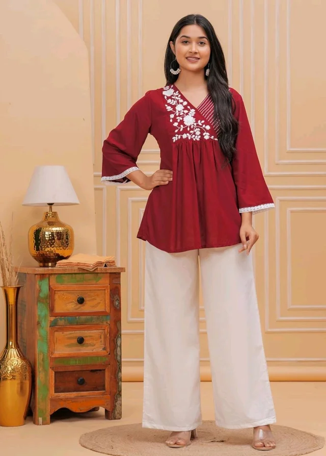 Women & Girls Ethnic Embroidered Regular Fit V-Neck 3/4 Sleeves, Lace Accents, Stylish Top for Office, Party, Daily, Casual, Formal Wear Top
- XL, Maroon