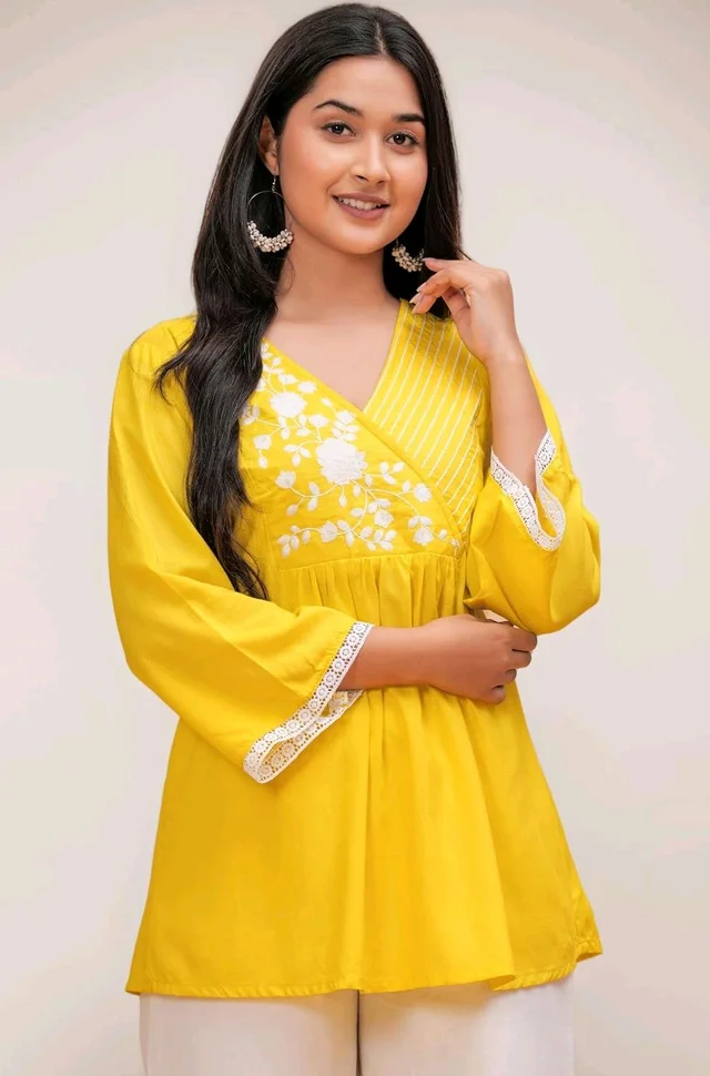 Women & Girls Ethnic Embroidered Regular Fit V-Neck 3/4 Sleeves, Lace Accents, Stylish Top for Office, Party, Daily, Casual, Formal Wear Top
- XL, Mango Yellow