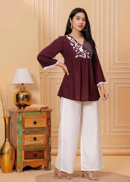 Women & Girls Ethnic Embroidered Regular Fit V-Neck 3/4 Sleeves, Lace Accents, Stylish Top for Office, Party, Daily, Casual, Formal Wear Top
- XL, Coffee Brown