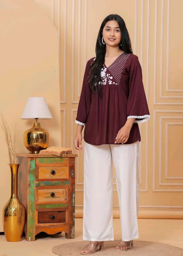 Women & Girls Ethnic Embroidered Regular Fit V-Neck 3/4 Sleeves, Lace Accents, Stylish Top for Office, Party, Daily, Casual, Formal Wear Top
- XL, Coffee Brown