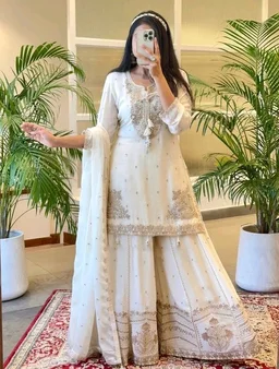 Women Chiffon Kurta Sharara Attached Dupatta Set
- L, White