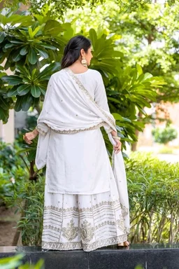 Women Chiffon Kurta Sharara Attached Dupatta Set
- L, White