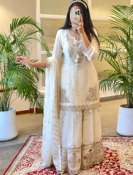 Women Chiffon Kurta Sharara Attached Dupatta Set
- S, White