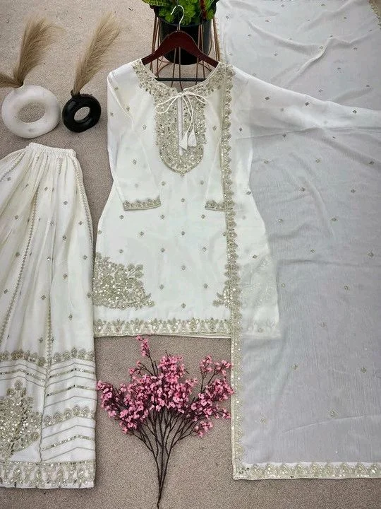 Women Chiffon Kurta Sharara Attached Dupatta Set
- S, White