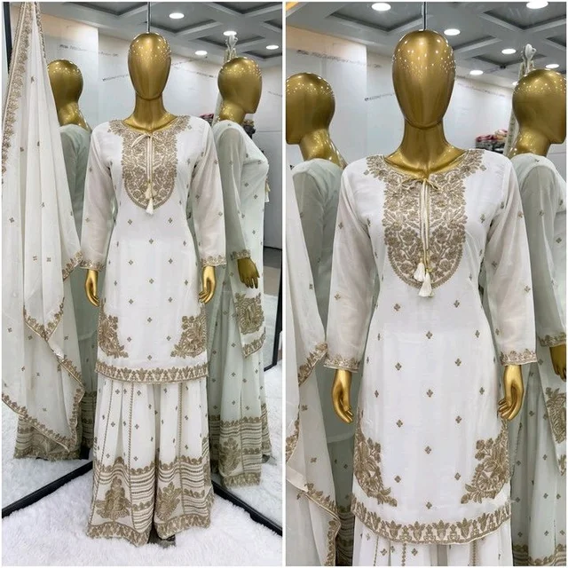Women Chiffon Kurta Sharara Attached Dupatta Set
- S, White