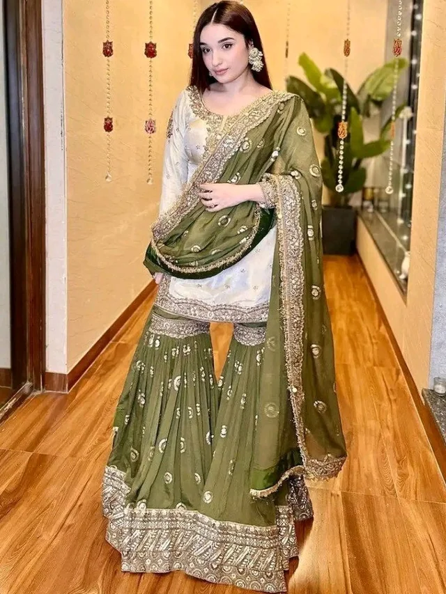 Women Ethnic Motifs Embroidered Regular Kurta with Sharara & With Dupatta - 4XL, Olive