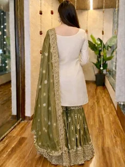 Women Ethnic Motifs Embroidered Regular Kurta with Sharara & With Dupatta - 4XL, Olive