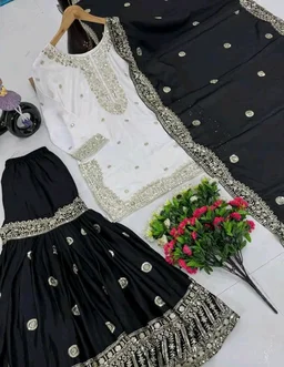 Women Ethnic Motifs Embroidered Regular Kurta with Sharara & With Dupatta - 4XL, Black