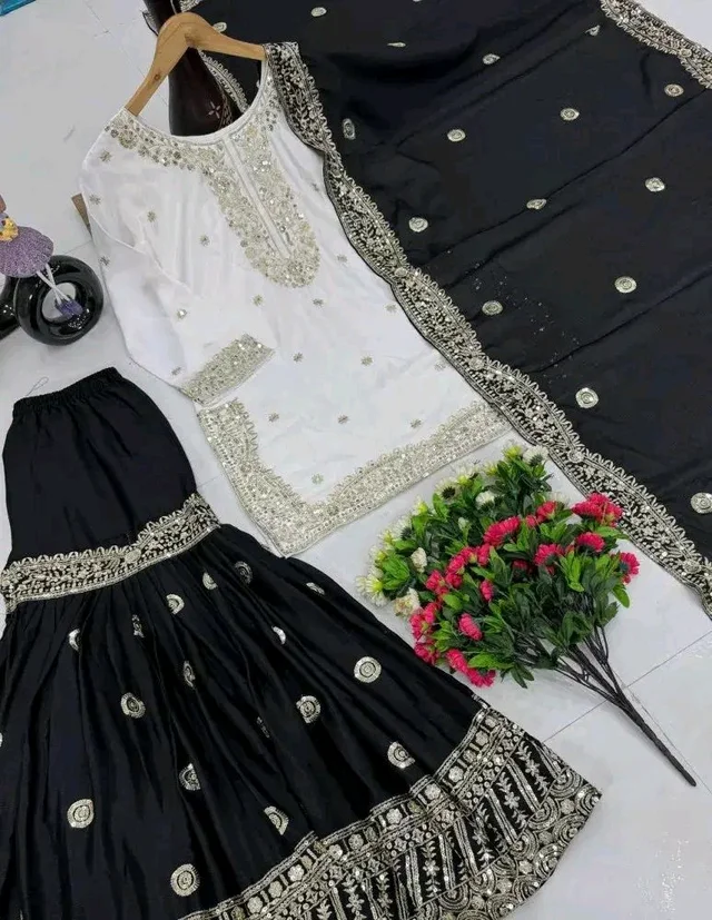 Women Ethnic Motifs Embroidered Regular Kurta with Sharara & With Dupatta - 4XL, Black