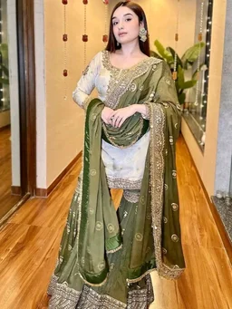 Women Ethnic Motifs Embroidered Regular Kurta with Sharara & With Dupatta - 4XL, Olive