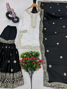 Women Ethnic Motifs Embroidered Regular Kurta with Sharara & With Dupatta - 4XL, Black