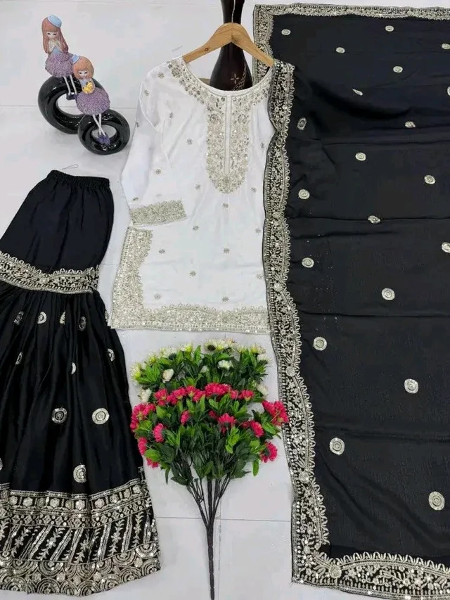 Women Ethnic Motifs Embroidered Regular Kurta with Sharara & With Dupatta - 4XL, Black