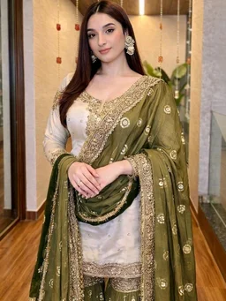 Women Ethnic Motifs Embroidered Regular Kurta with Sharara & With Dupatta - 4XL, Olive