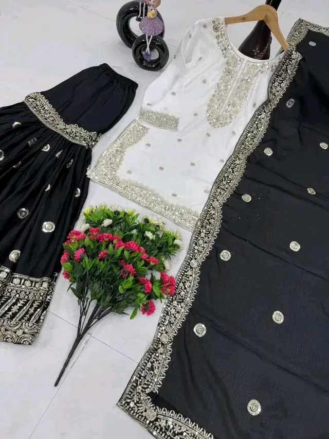 Women Ethnic Motifs Embroidered Regular Kurta with Sharara & With Dupatta - 4XL, Black