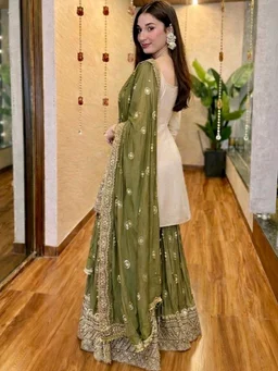 Women Ethnic Motifs Embroidered Regular Kurta with Sharara & With Dupatta - 4XL, Olive