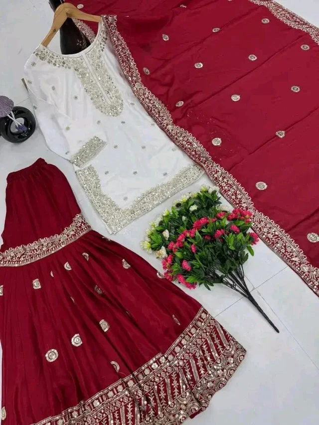 Women Ethnic Motifs Embroidered Regular Kurta with Sharara & With Dupatta - 4XL, Maroon