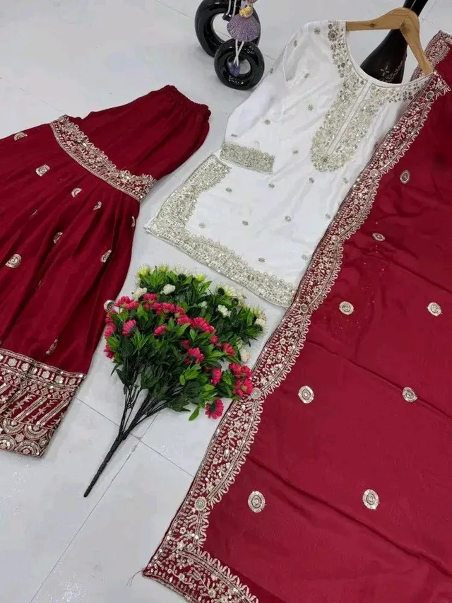 Women Ethnic Motifs Embroidered Regular Kurta with Sharara & With Dupatta - 4XL, Maroon