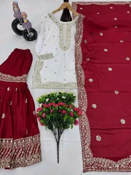 Women Ethnic Motifs Embroidered Regular Kurta with Sharara & With Dupatta - 4XL, Maroon