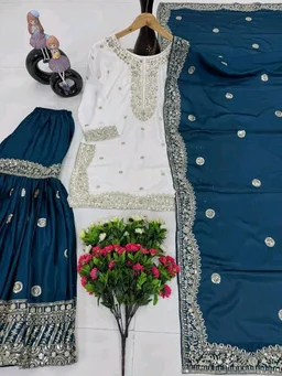 Women Ethnic Motifs Embroidered Regular Kurta with Sharara & With Dupatta - 4XL, Navy