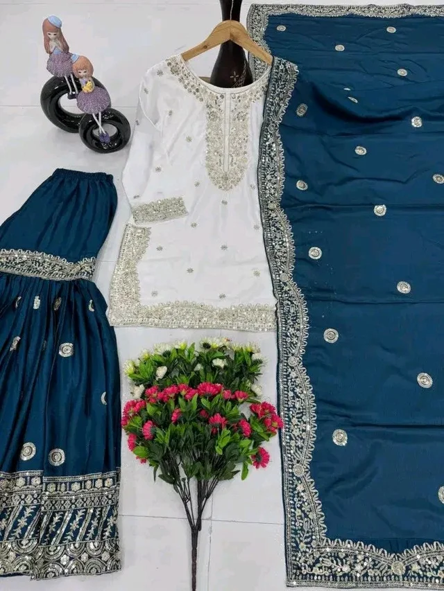 Women Ethnic Motifs Embroidered Regular Kurta with Sharara & With Dupatta - 4XL, Navy