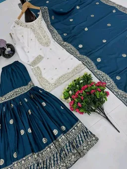 Women Ethnic Motifs Embroidered Regular Kurta with Sharara & With Dupatta - 4XL, Navy