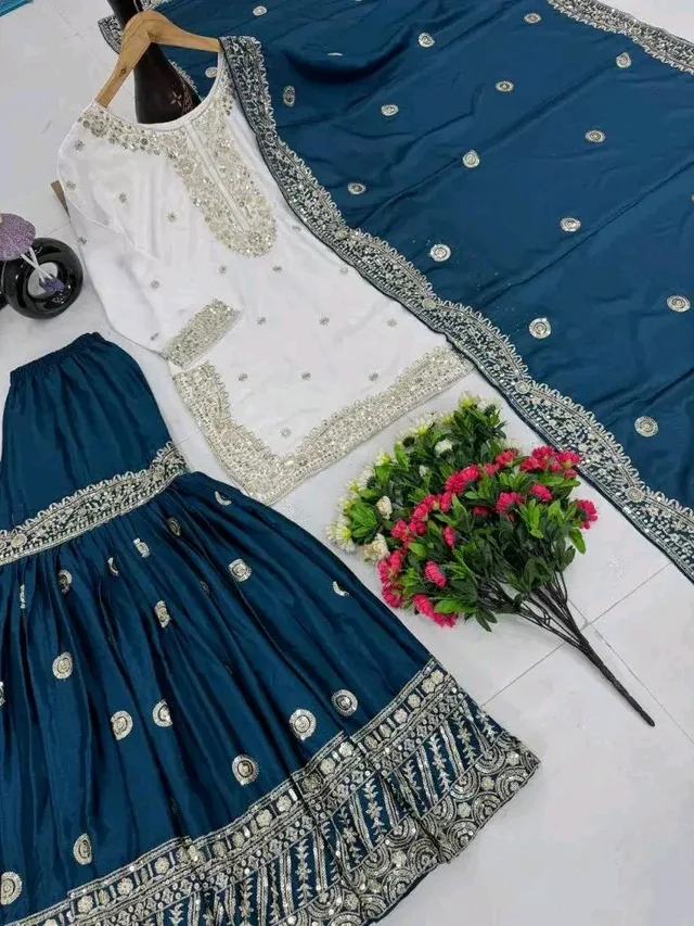 Women Ethnic Motifs Embroidered Regular Kurta with Sharara & With Dupatta - 4XL, Navy