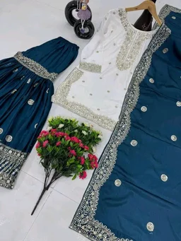 Women Ethnic Motifs Embroidered Regular Kurta with Sharara & With Dupatta - 4XL, Navy