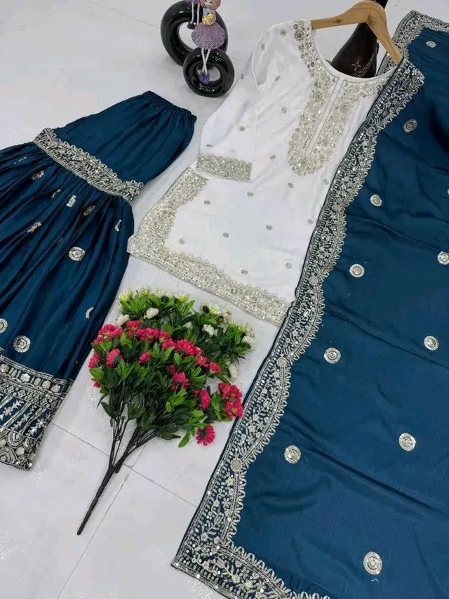 Women Ethnic Motifs Embroidered Regular Kurta with Sharara & With Dupatta - 4XL, Navy