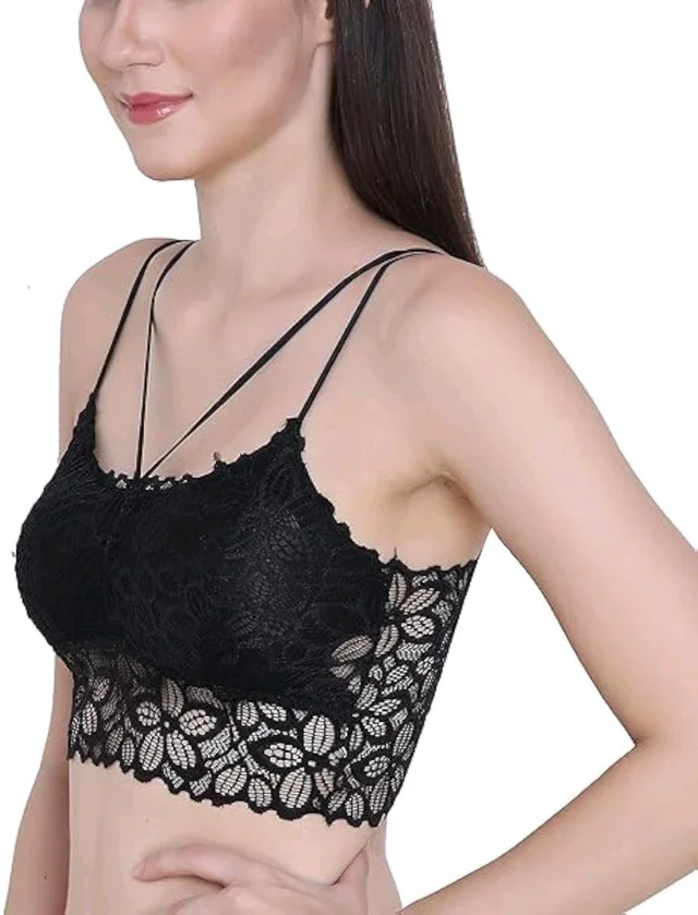Padded Lace Bralettes Sexy Lace Bralette with Straps Fancy Bra for Women and Girls Pack of 1 (Multicolor)
- 28B, Black