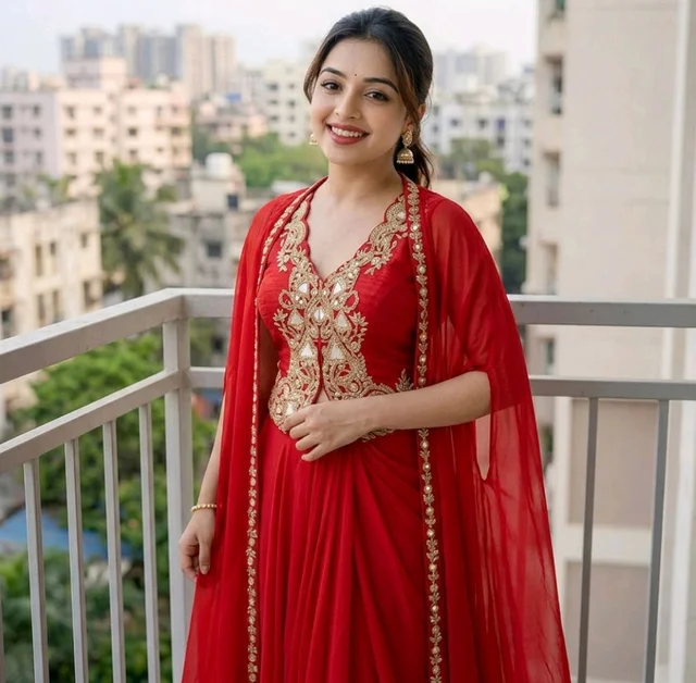 Red Embroidered Georgette skirt with Jacket & Shrug - Free Size