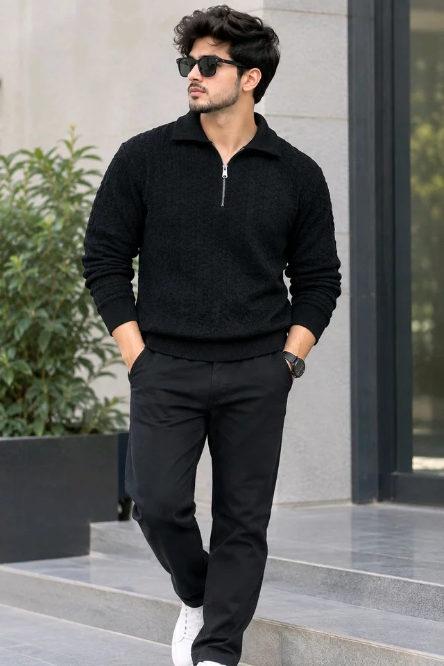 Men's Premium Textured Half-zip Winter Sweater - XXL