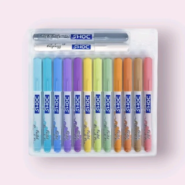 Doms Pastel Brush Pen 12 Shade With 1 Metallic Silver And 1 Blender Brush Pen
