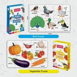 Aryans Tiny Mini Puzzle - Jigsaw Puzzles for Kids - Explore Animals, Fruits, Birds, Vegetables - Fun & Learn - Durable Educational Toys with Perfect Locking (Pack of 4)