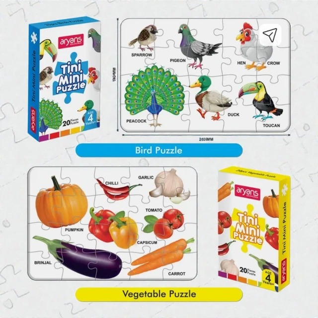 Aryans Tiny Mini Puzzle - Jigsaw Puzzles for Kids - Explore Animals, Fruits, Birds, Vegetables - Fun & Learn - Durable Educational Toys with Perfect Locking (Pack of 4)