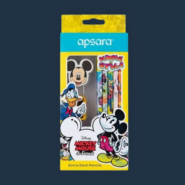 Apsara Disney Mickey Mouse Extra Dark Pencils| Pack Of 10|1 Sharpener| 1 Eraser| 1 Pencil Topper|