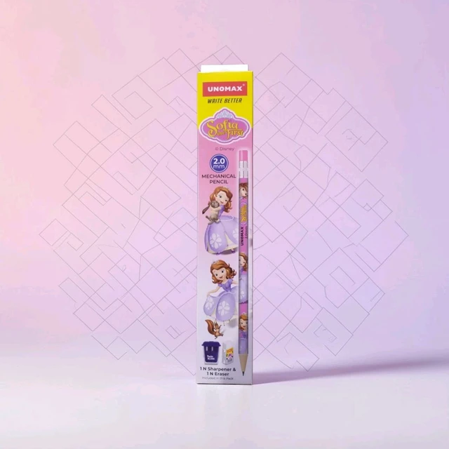 Unomax Sofia the First Mechanical Pencil 2.0 MM| Pack Of 10| 1 Sharpener & 1 Eraser| Non-Toxic| Extra Dark| 5 Attractive Body Colours
