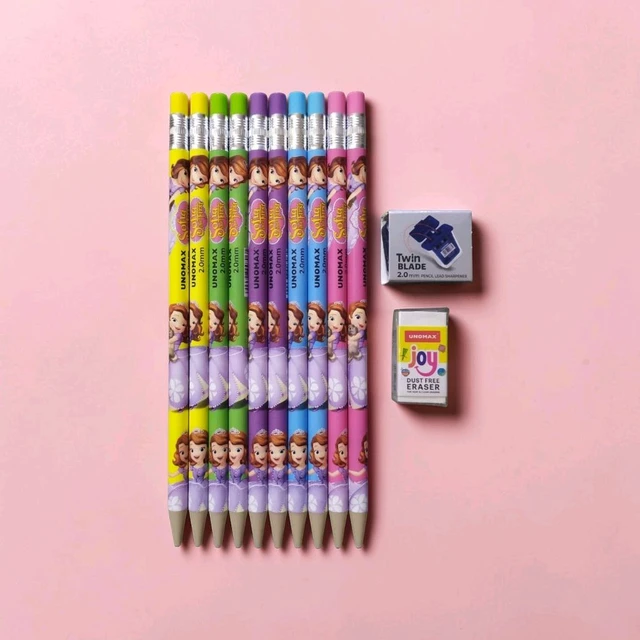 Unomax Sofia the First Mechanical Pencil 2.0 MM| Pack Of 10| 1 Sharpener & 1 Eraser| Non-Toxic| Extra Dark| 5 Attractive Body Colours
