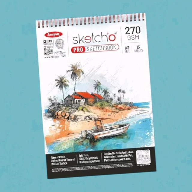 Anupam Sketch Book A3| 15 Sheets| 270 GSM| Acid Free Paper| Top Spiral Bound
