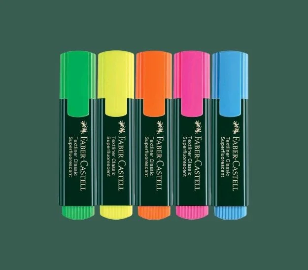Faber Castell Textliner Highlighter|Set Of 5| Yellow,Blue,Green,Pink, Orange