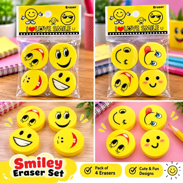 Fancy Smiley Eraser Pack Of 4 Erasers(Design May Vary)