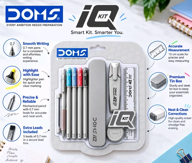 DOMS Doms IQ All-in-One Stationery Kit- Pack of 1,Includes Tin Box, Highlighter/Textliner, Ballpoint Pens, Gel Pen, 15 Cm. Scale, 0.7mm Mechanical Pencil, 1 Non-Dust Eraser & 5 Extra Leads