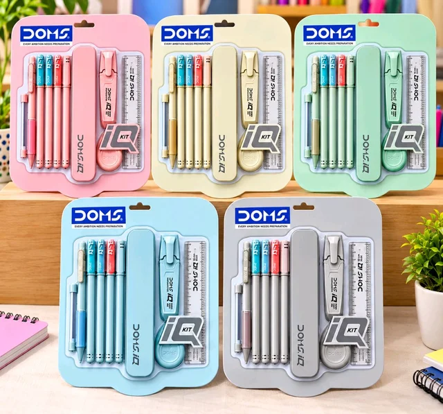 DOMS Doms IQ All-in-One Stationery Kit- Pack of 1,Includes Tin Box, Highlighter/Textliner, Ballpoint Pens, Gel Pen, 15 Cm. Scale, 0.7mm Mechanical Pencil, 1 Non-Dust Eraser & 5 Extra Leads