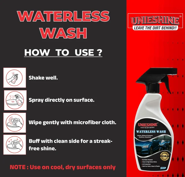 UNIESHINE Waterless Wash and Wax 500ml with Microfiber Cloth – Waterless Car Wash Spray & Instant Car Polish | Cleans, Shines and Protects with High Gloss Finish for Car & Bike